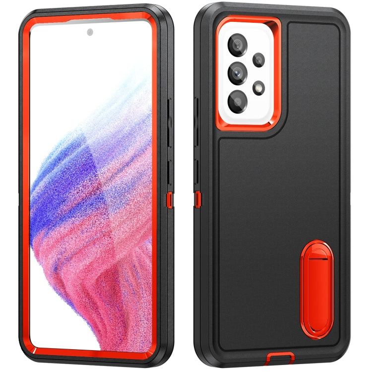 Rugged phone case with grip holder, dark gray with orange trim, camera cutout