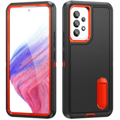Rugged phone case with grip holder, dark gray with orange trim, camera cutout