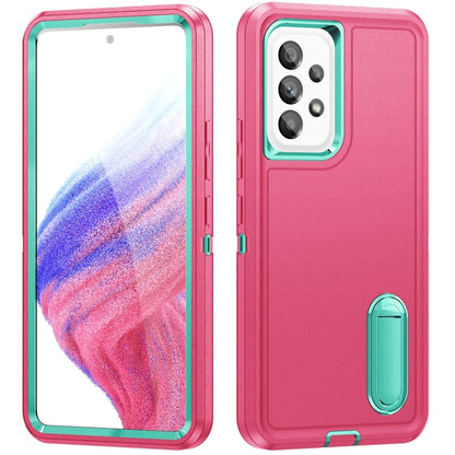 Rugged phone case with grip holder, pink with teal trim, camera cutout and buttons