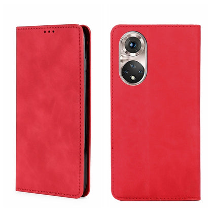 Magnetic flip leather phone case in red, with side cutouts and phone-camera opening.