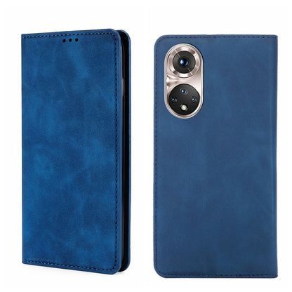 Magnetic flip leather phone case in blue with phone-camera opening and side cutouts.