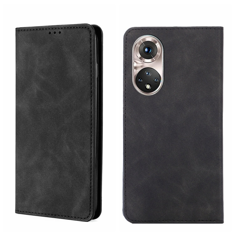 Magnetic flip leather phone case in black with camera opening and stitched edge detail.