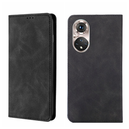 Magnetic flip leather phone case in black with camera opening and stitched edge detail.