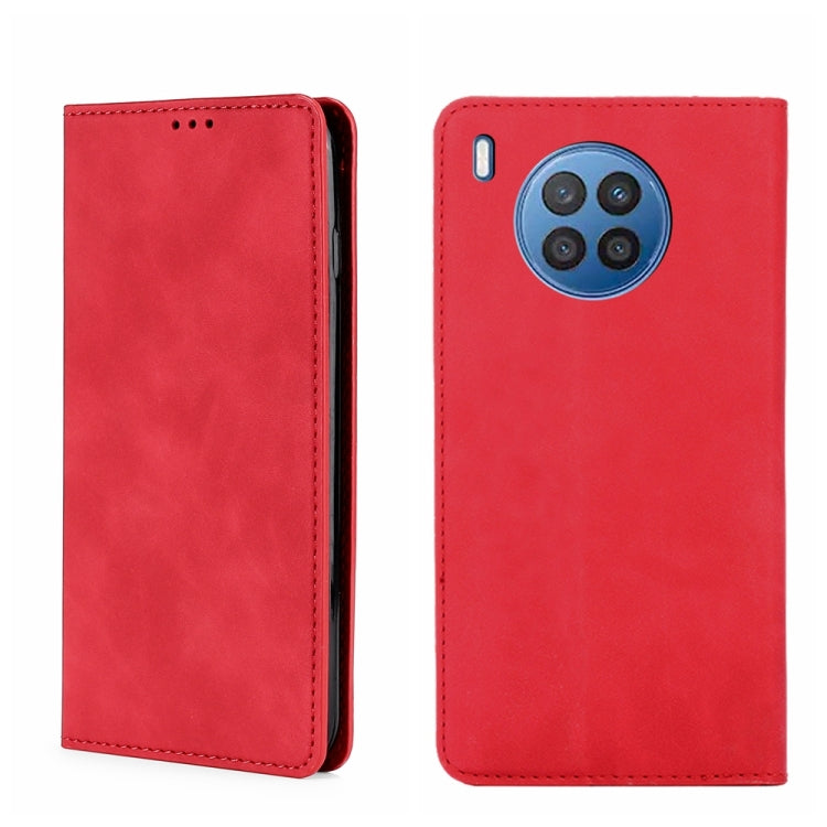 Red magnetic flip leather phone case with multi-camera cutout and side control opening.