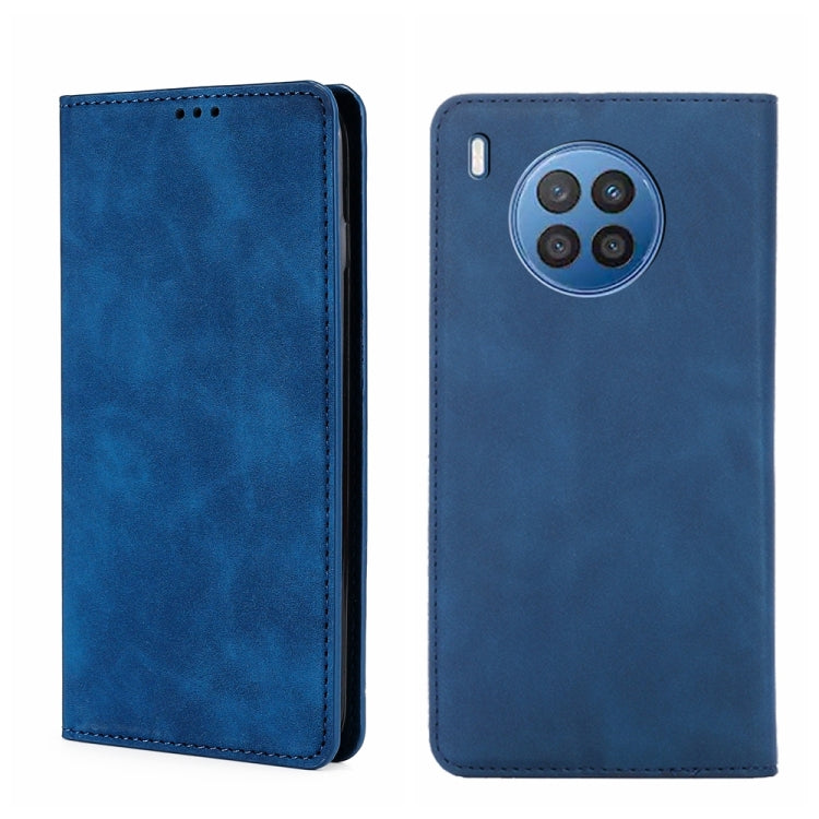 Magnetic flip leather phone case, blue with side button cutout and stitched edges.