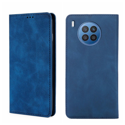 Magnetic flip leather phone case, blue with side button cutout and stitched edges.