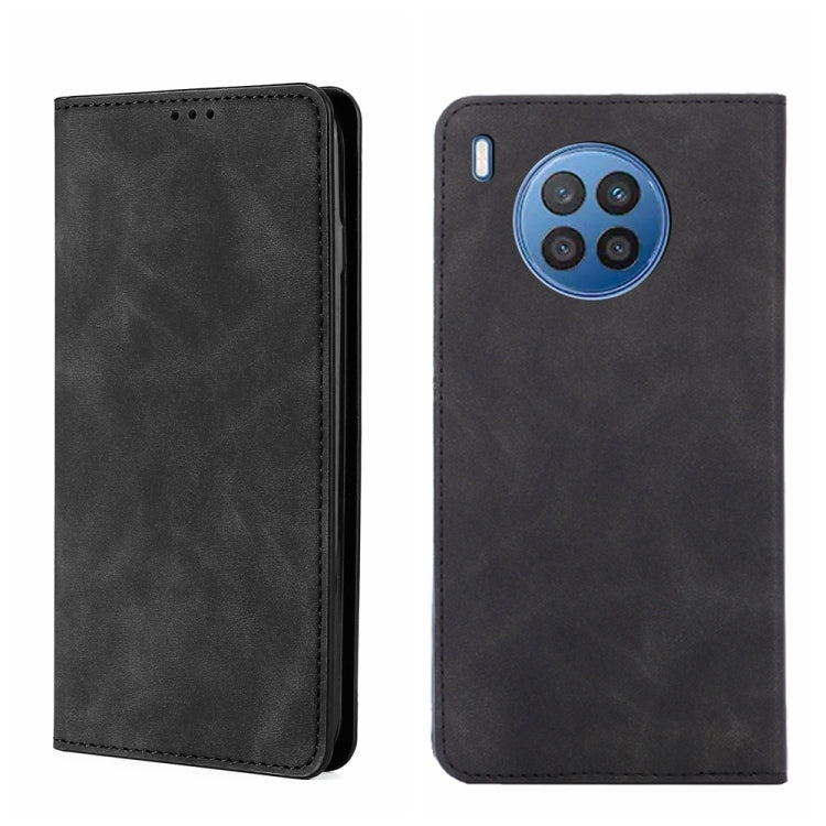 Magnetic flip leather phone case, black with camera cutout and stitched edges.