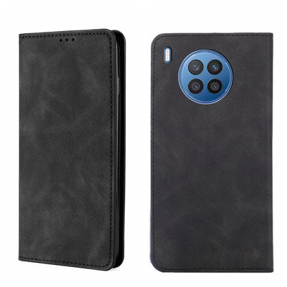 Magnetic flip leather phone case, black with camera cutout and stitched edges.