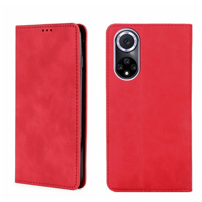 Magnetic flip leather phone case, red with camera cutout and stitched edges.
