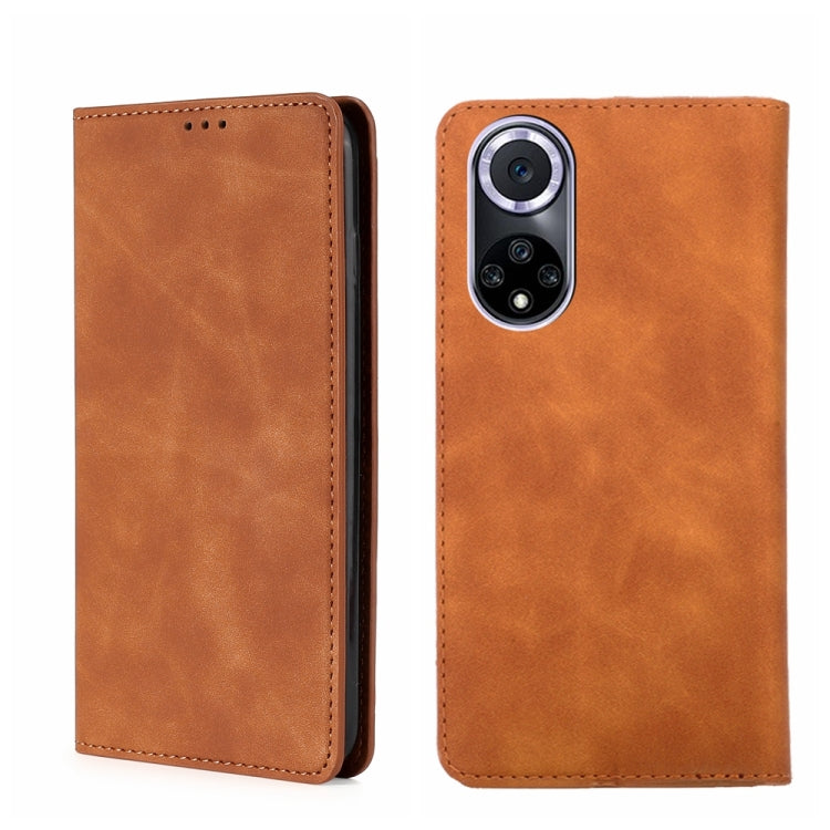 Magnetic flip leather phone case, tan brown with camera cutout and stitched edges.