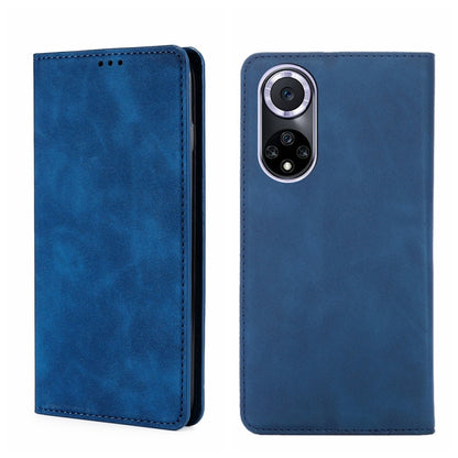 Magnetic flip leather phone case, blue with camera cutout and stitched edges.