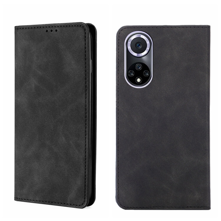 Magnetic flip leather phone case, black with camera cutout and stitched edges.