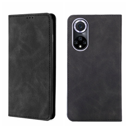 Magnetic flip leather phone case, black with camera cutout and stitched edges.