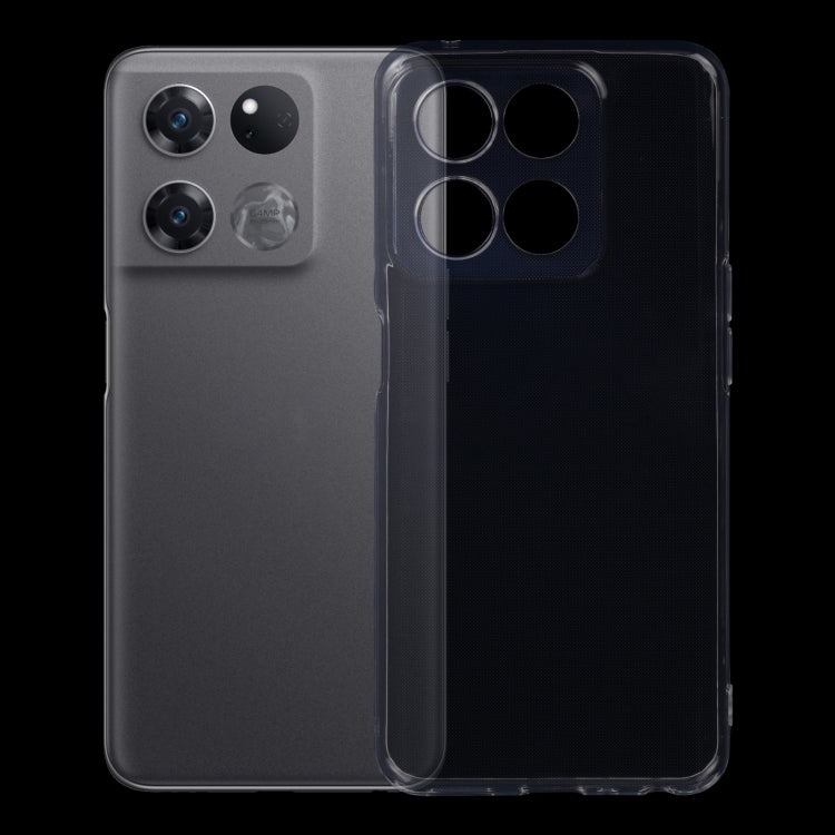 Transparent TPU phone case on gray phone, snug clear cover with dual camera openings