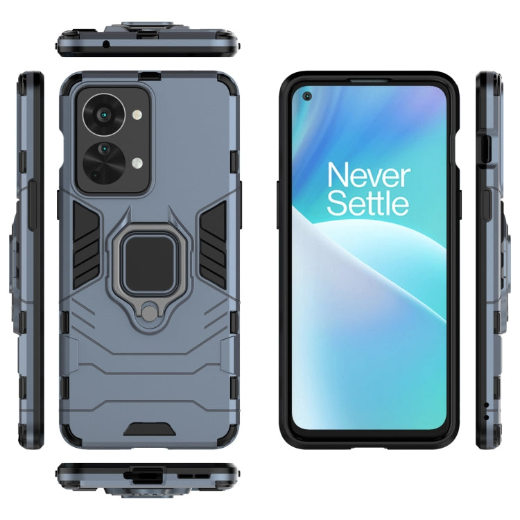 Rugged navy blue phone case with magnetic ring stand, front and back views