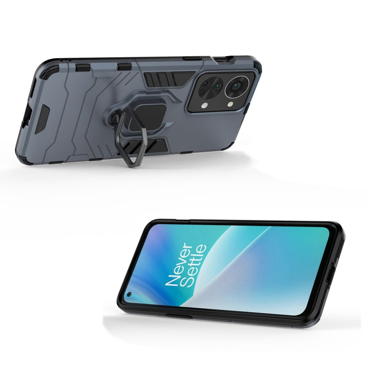 Rugged navy blue phone case with magnetic ring stand, angled back and screen views