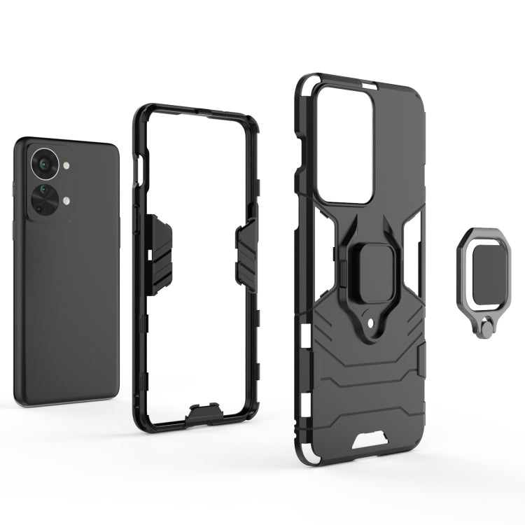 Rugged black phone case with magnetic ring stand, TPU bumper and cutout openings