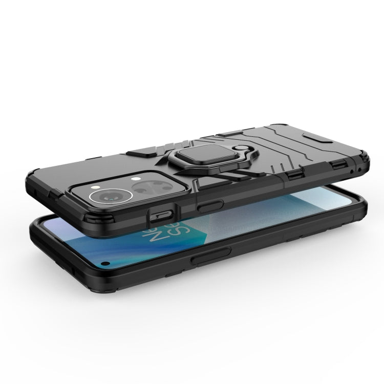 Rugged black phone case with magnetic ring stand, protective bumper and raised screen lip