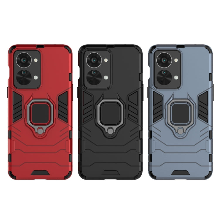 Rugged phone cases with magnetic ring stand in red, black, and navy blue
