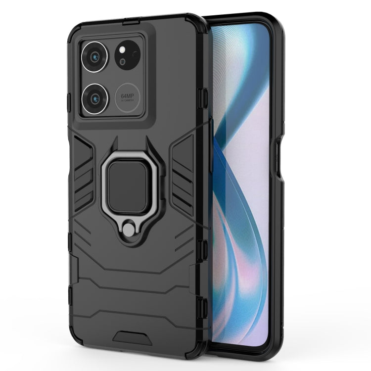 Rugged dark phone case with magnetic ring stand, protective bumper and camera cutouts