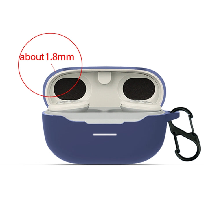 Blue silicone earbud case, open to show charging cutouts and inner earbud holders