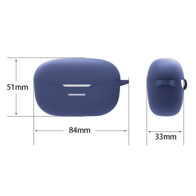 Blue silicone earbud case with side strap, shown with overall size dimensions