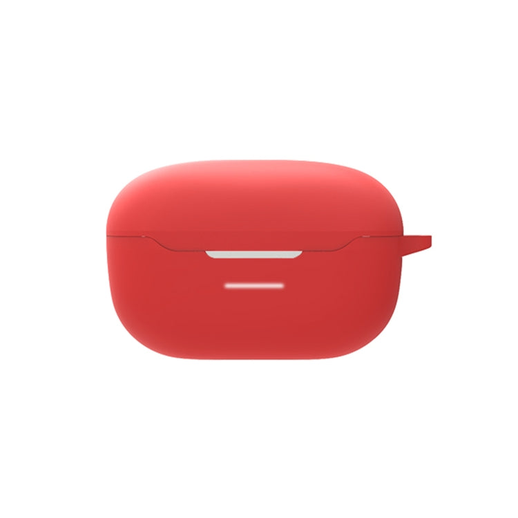 Red silicone protective case for wireless earbuds with hinged lid and side loop