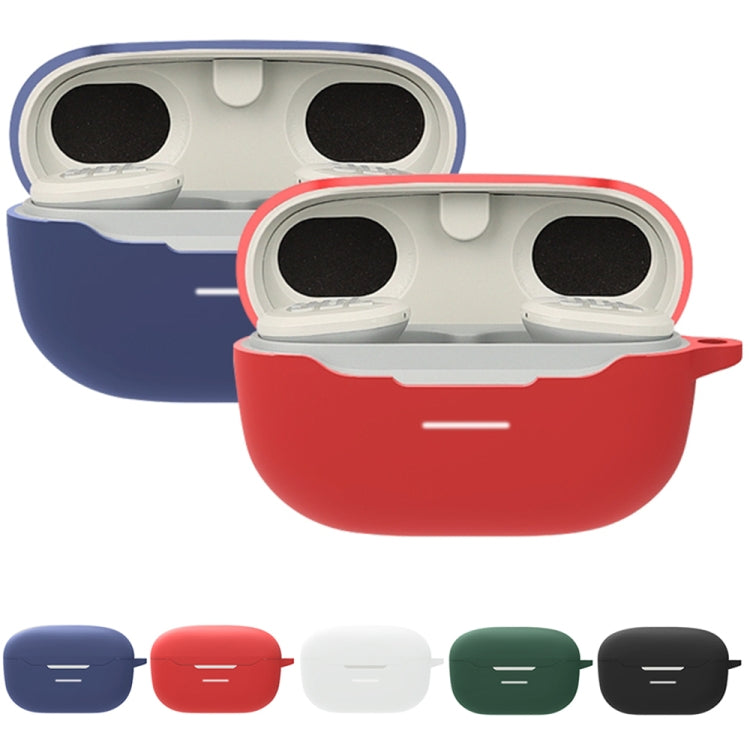 Silicone earphone protective cases shown in multiple colors, open for earbud charging