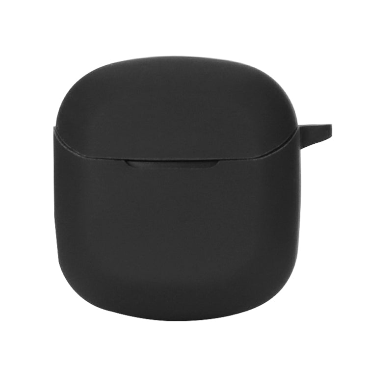 Black silicone earbud protective case with hinged lid and small side strap