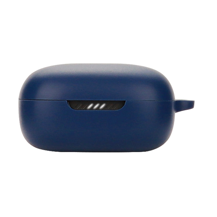Dark blue silicone earphone protective case with front notch and carrying tab