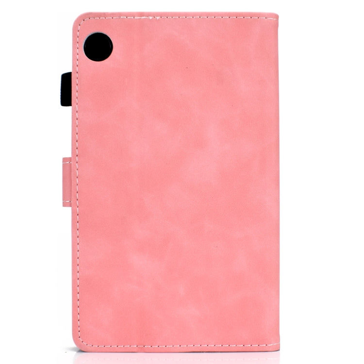 Pink cowhide-texture smart leather tablet case with camera cutout and stitched border