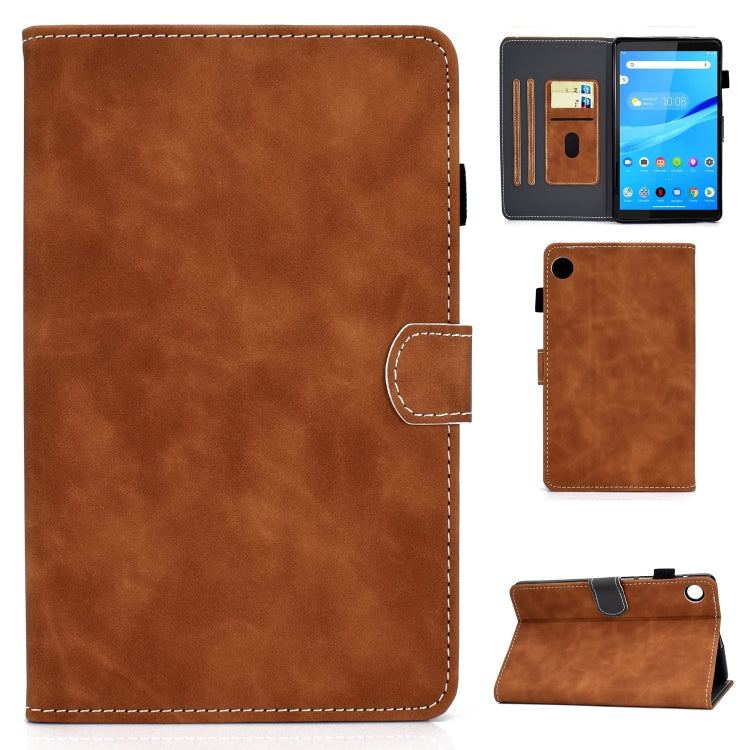 Brown cowhide-texture smart leather tablet case with stitched trim and flip cover.