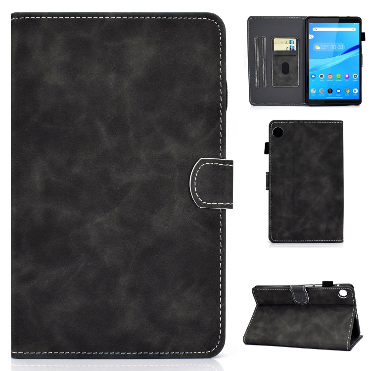 Black cowhide-texture smart leather tablet case with stitched edges and flip cover.