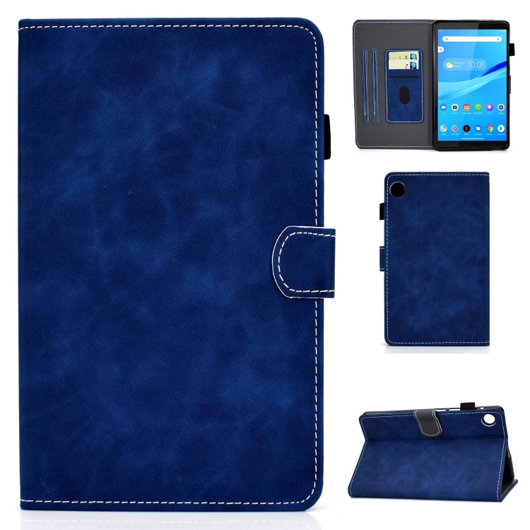 Blue cowhide-texture folio case with card slots, camera cutout, and kickstand fold.