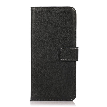 Black litchi-texture leather flip phone case with snap-strap and front pocket