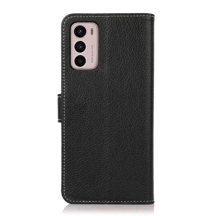 Black litchi-texture leather folio phone case with camera cutout and stitched edge