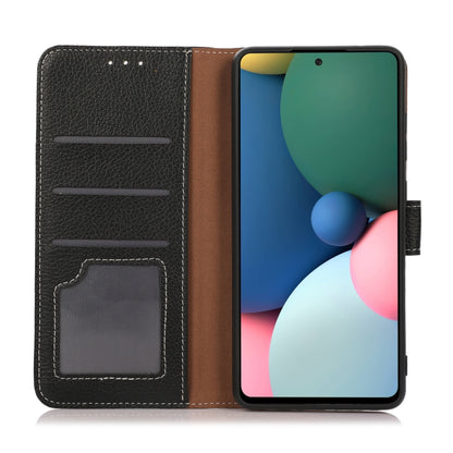 Black litchi-texture leather folio phone case with card slots and brown interior
