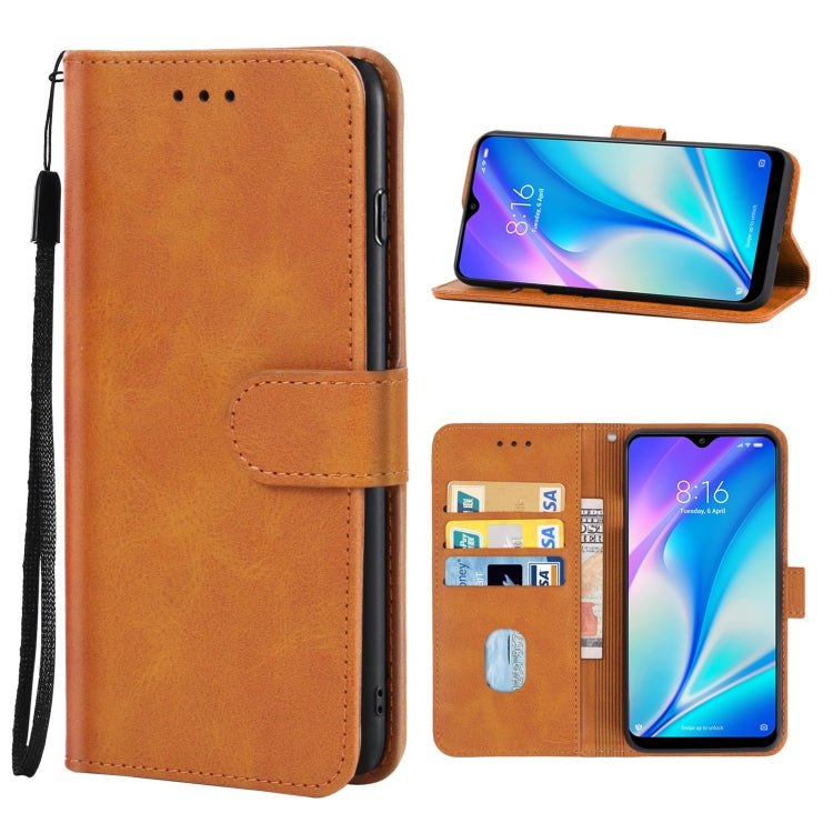 Brown leather phone case with flip cover, card holder, and side wrist strap