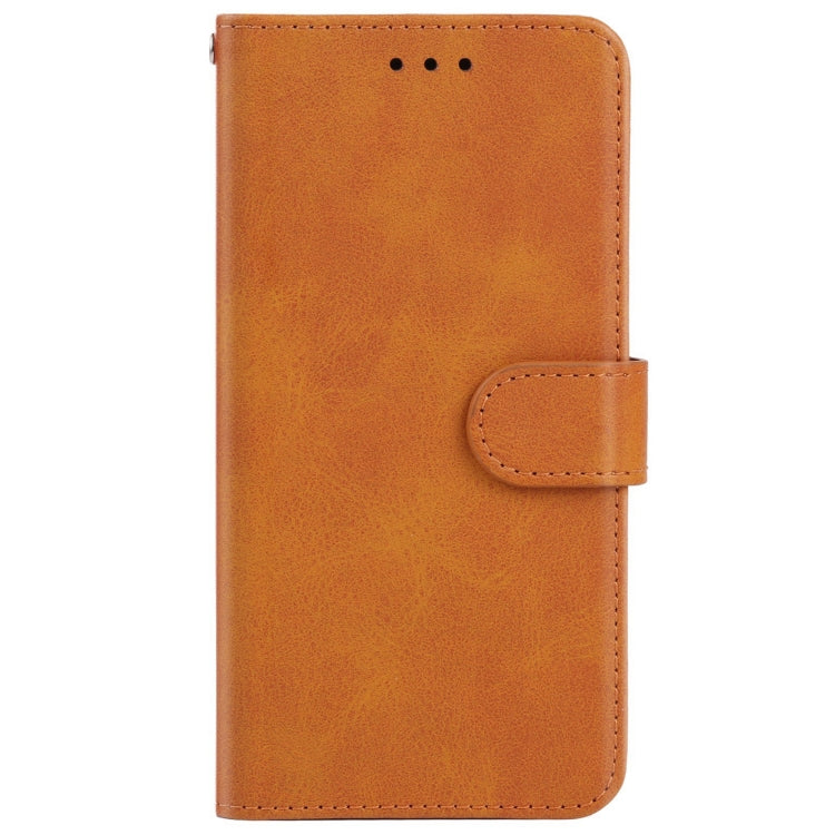 Brown leather flip phone case with stitched magnetic clasp and protective cover