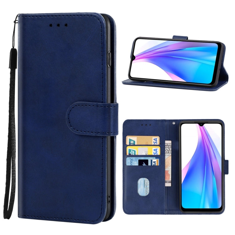 Blue leather wallet phone case with flip cover, card slots, and wrist strap