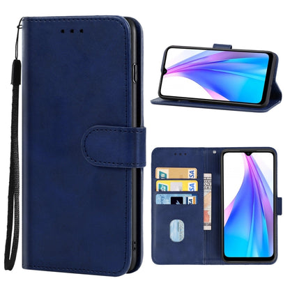 Blue leather wallet phone case with flip cover, card slots, and wrist strap