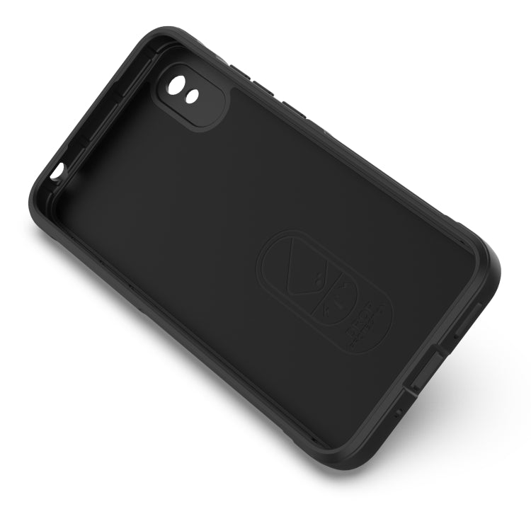 Black rugged phone case back with raised corners and camera cutout