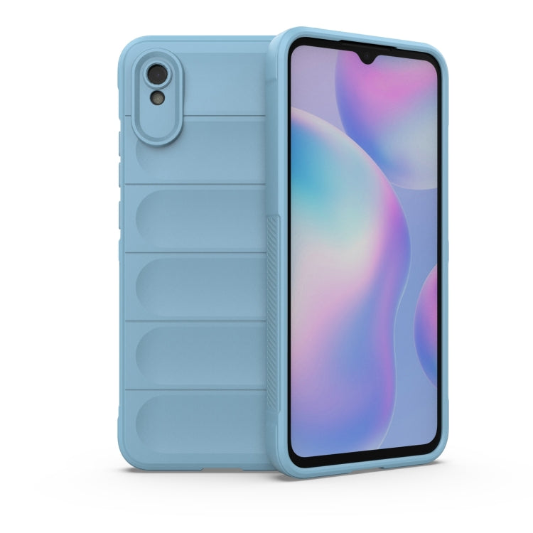 Rugged TPU phone case with camera cutout, light blue back and protective raised corners