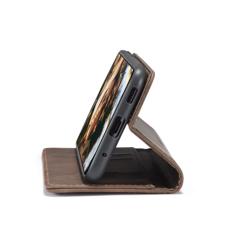 Brown leather flip phone case in stand mode for hands-free viewing