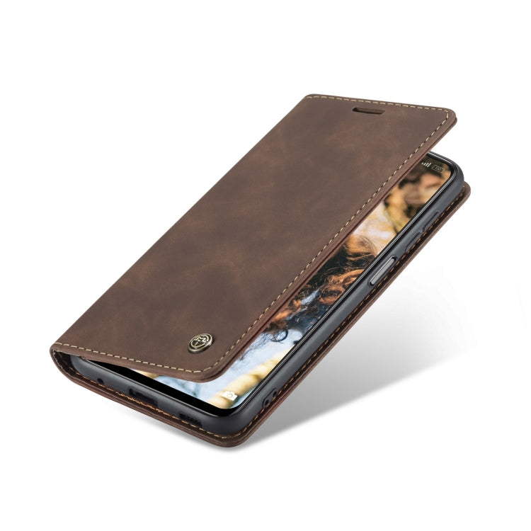 Brown leather flip phone case with front opening and protective corners