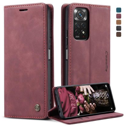 Wine red leather flip phone case with card slot and horizontal stand