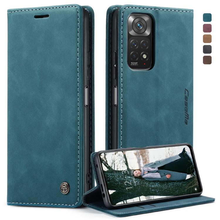 Blue leather flip phone case with card slot and horizontal viewing stand