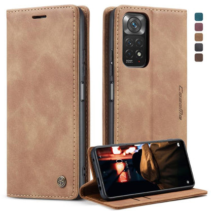 Tan leather flip phone case with camera cutout and horizontal stand