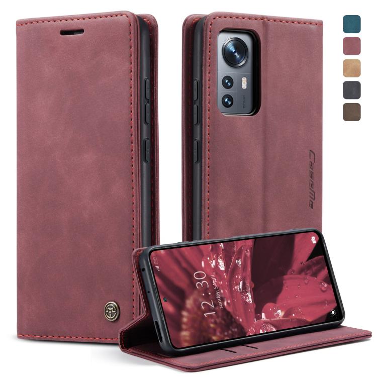 Red wine leather wallet phone case with horizontal flip cover and stand