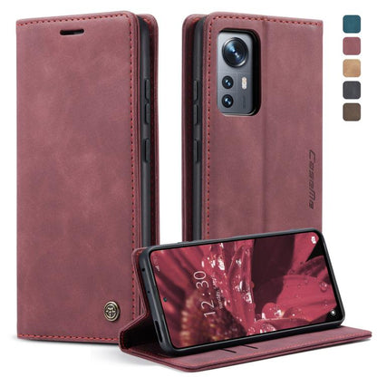 Red wine leather wallet phone case with horizontal flip cover and stand